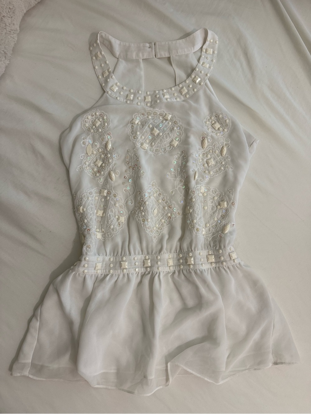 Vintage White Beaded Sequins Halter Top